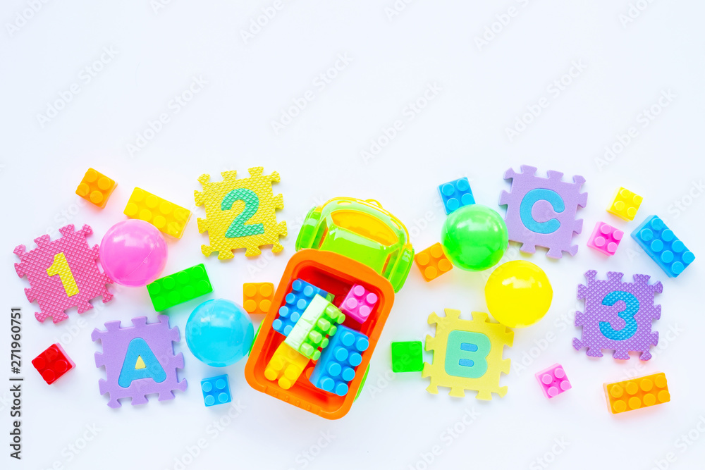Colorful Kids toys on white background. Colorful Kids toys on white background.