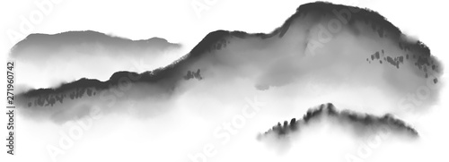 Imitation japan traditional sumi-e painting with mountain landscape.
