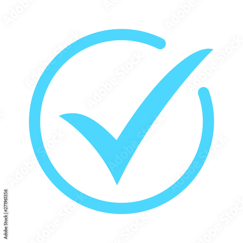 Blue tick icon vector symbol, checkmark isolated on white background, checked icon or correct choice sign, check mark or checkbox pictogram