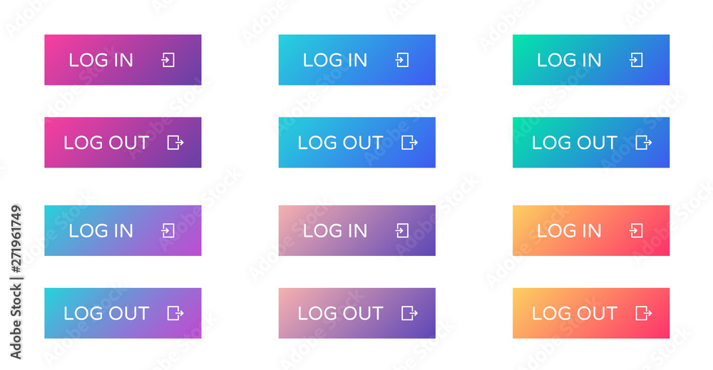 log in log out web buttons set. filled ui web buttons in flat style. rectangular vector buttons on trendy gradients with icons for web and ui design log in log out web buttons set. filled ui web buttons in flat style. rectangular vector buttons on trendy gradients with icons for web and ui design