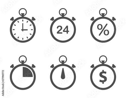 stopwatch flat icons isolated on white background. time stopwatch vector icon set for web and ui design. time is money business concept. 24 hour round the clock, dollar and percent signs