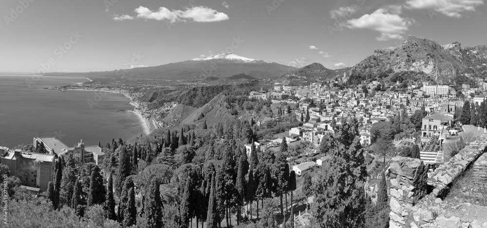 Taormina and Mt. Etna volcano in the bacground - Sicily.