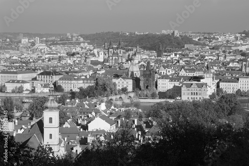 Prague - The view over the the city with the Charles bridge and the Old Town in evening light from Petrin hill.