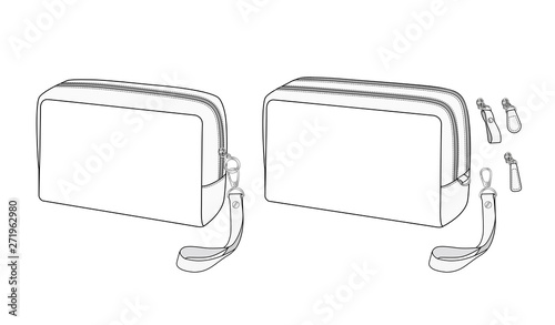 cosmetic case bag, Travel toiletry bag, zip bag with detachable wrist strap, vector illustration sketch template