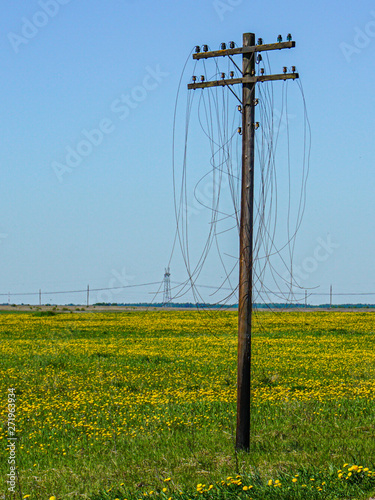 Lonely telegraph pole with torn wires. Wired Telephone and Telegraph Base Station