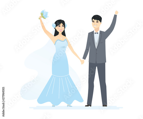 Newly married Chinese couple - cartoon people characters isolated illustration