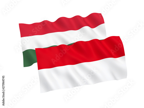 National fabric flags of Hungary and Indonesia isolated on white background. 3d rendering illustration. 1 to 2 proportion.
