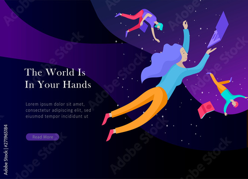 landing page template. Inspired People flying. Create your own spase. Character moving and floating in dreams, imagination and freedom inspiration design work. Flat design style