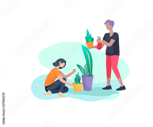 Scenes with family doing housework, couple home cleaning, washing greens, cleaning home garden, water flower. Vector illustration cartoon style