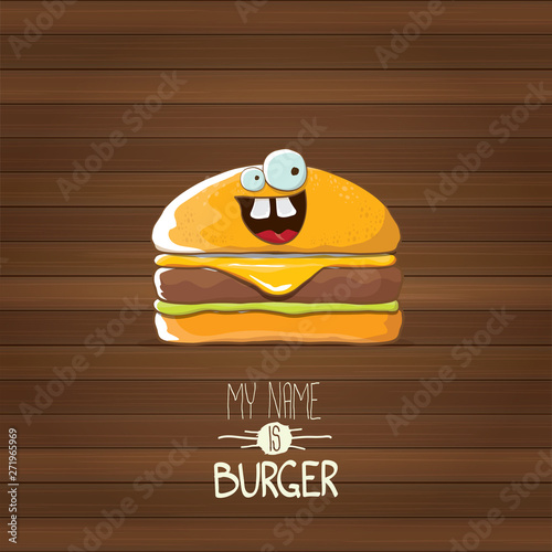 vector cartoon tiny burger character with cheese, meat and salad icon isolated on wooden background. my name is burger vector concept illustration