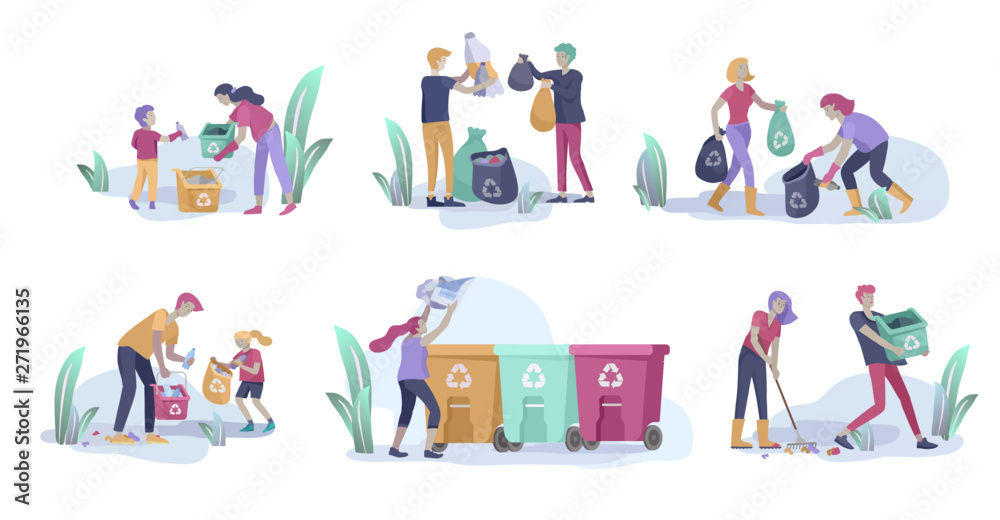 people and children Recycle Sort organic Garbage in different container for Separation to Reduce Environment Pollution. Family with kids collect garbage. Environmental day vector cartoon illustration