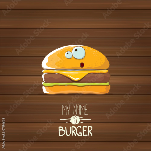 vector cartoon tiny burger character with cheese, meat and salad icon isolated on wooden background. my name is burger vector concept illustration