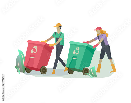 people Recycle Sort organic Garbage in different container for Separation to Reduce Environment Pollution. Man and woman collect garbage. Environmental day vector cartoon illustration