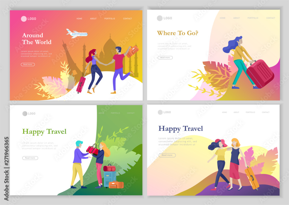 landing page template with people travel on vacation. Tourists with laggage travelling with family, friends and alone, go on journey. Time to happy travel. Vector illustration cartoon style