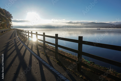 lake Yamanaka in the early morning in the autumn season of Japan