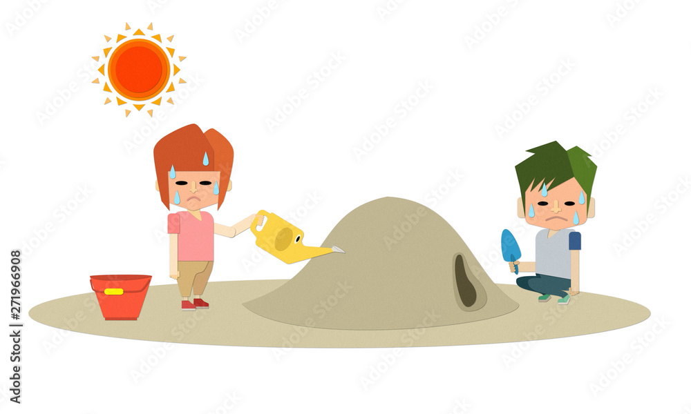 男の子と女の子の子ども2人が暑い夏の砂場で遊んで熱中症になっているイラスト Stock ベクター Adobe Stock