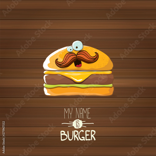 vector cartoon tiny burger character with cheese, meat and salad icon isolated on wooden background. my name is burger vector concept illustration