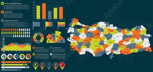 Detailed Turkey map with infographic elements. Vector illustration.