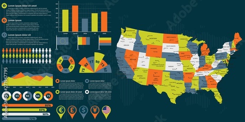 Detailed United States of America map with infographic elements. Vector illustration.