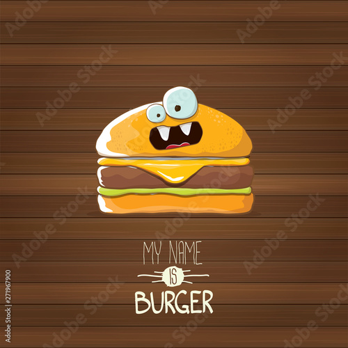 vector cartoon tiny burger character with cheese, meat and salad icon isolated on wooden background. my name is burger vector concept illustration