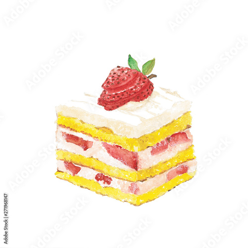 cake with strawberry and whipped cream. hand-drawn watercolor. perfect for your menu.