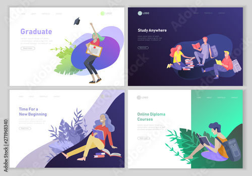 Set of web page design templates with relaxed learning people outdoor and graduate for online education, training and courses. Modern vector illustration concepts for website