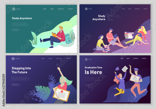 Set of web page design templates with relaxed learning people outdoor and graduate for online education, training and courses. Modern vector illustration concepts for website