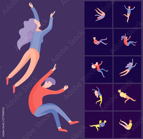 Inspired People flying in space and interacting with gadgets and papers. Characters set moving and floating in dreams, imagination and inspiration. Flat design style, vector illustration.