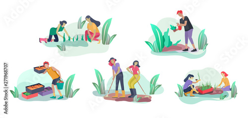 Harvesting and gardening people doing farming and garden job, pick berries, remove weeds, watering, planting, growing and transplant sprouts, lay ripe vegetables to box. Reaping crop concept