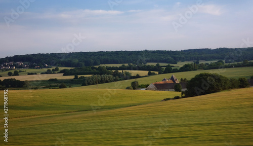 landscape with green fields and blue sky