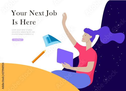 Job presentation banner page. Inspired People flying, choose career or interview a candidate, agency human resources creative find experience. Character find work of dreams, design illustration