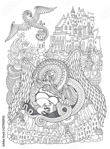 Vector contour thin line illustration. Fairy tale Dragon nest, flying monster, sea island, castle, lighthouse. Black and white hand drawn sketch. Adults coloring book page, tee shirt print, book cover © L. Kramer