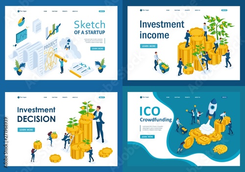Set design web page templates of ICO crowdfunding. Modern illustration concepts for website and mobile website development