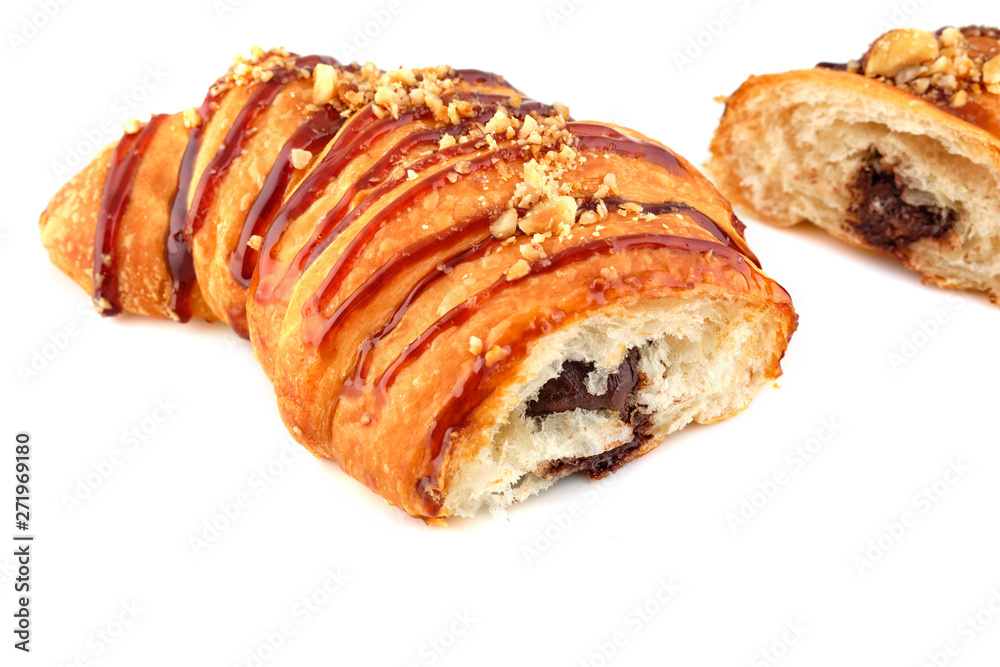 Slice croissant with chocolate isolated on white background