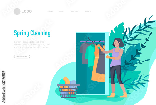 landing page template people home cleaning, clean the house, washing clothes iand putting things in the wardrobe or closet. Vector illustration of cartoon style