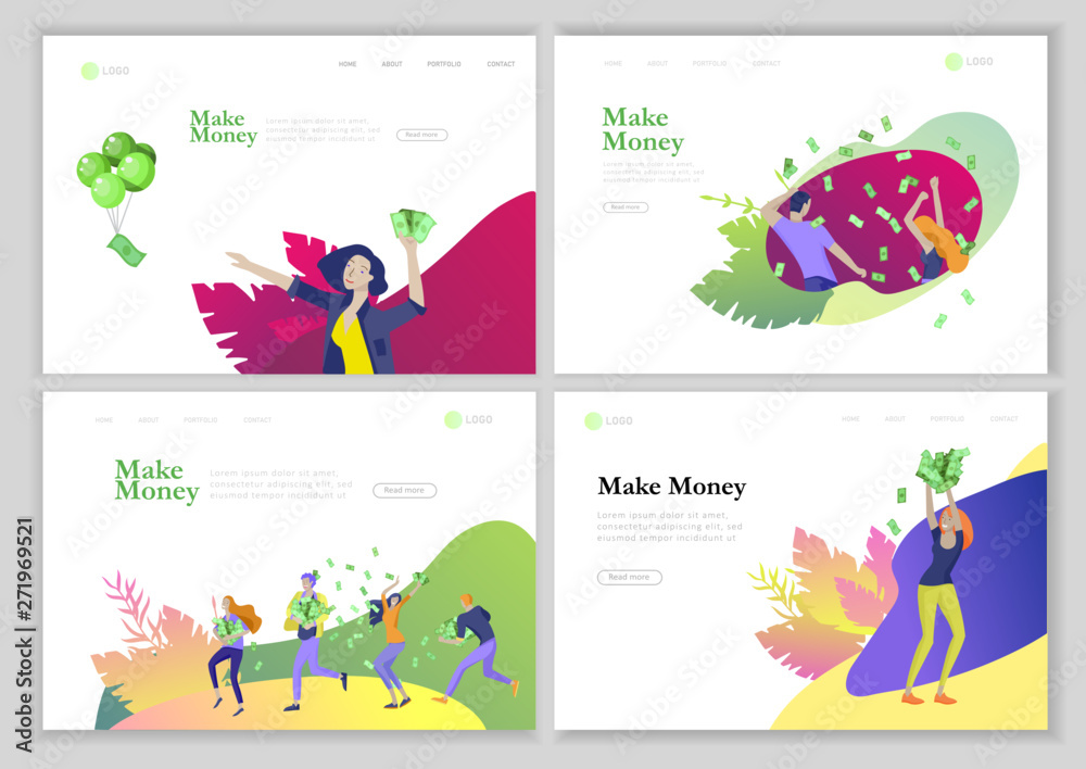 Landing page template Happy people with money, characters in move make money. Business investment, money rain, men and woman run with profit, catch bills. Cartoon style, flat vector illustration