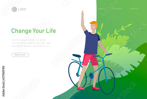 Landing page template with people riding bicycles, man waving his hand. People cycling outdoor activities concept at park, healty life style. Cartoon illustration