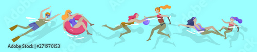 People family and children in sea, pool or ocean performing activities. Men or women swimming in swimwear, diving, surfing, lying on floating air mattress, playing ball. Cartoon vector illustration