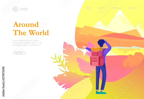 landing page template. People characters woman for hiking and trekking, holiday travel vector, hiker and tourism illustration. Happy Tourists travelling. Vector cartoon style illustration