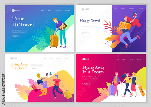 landing page template with people travel on vacation. Tourists with laggage travelling with family, friends and alone, go on journey. Time to happy travel. Vector illustration cartoon style