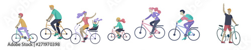 Young woman and man ride the bike, family and friends riding bicycles. Mom, dad and children on bike and cycling together. Sports outdoor activity. Cartoon vector illustration