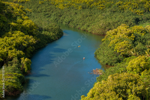 Wailua River, Kauai, Hawaii. The Wailua River is Hawaii’s only navigable stream. Kayaking is popular on this calm and gentle flowing river. 