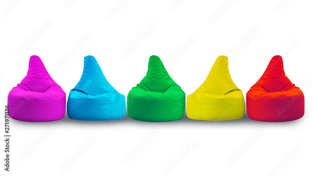 Row of five soft colorful large Bean Bags chairs isolated on white background. Objects for design Row of five soft colorful large Bean Bags chairs isolated on white background. Objects for design