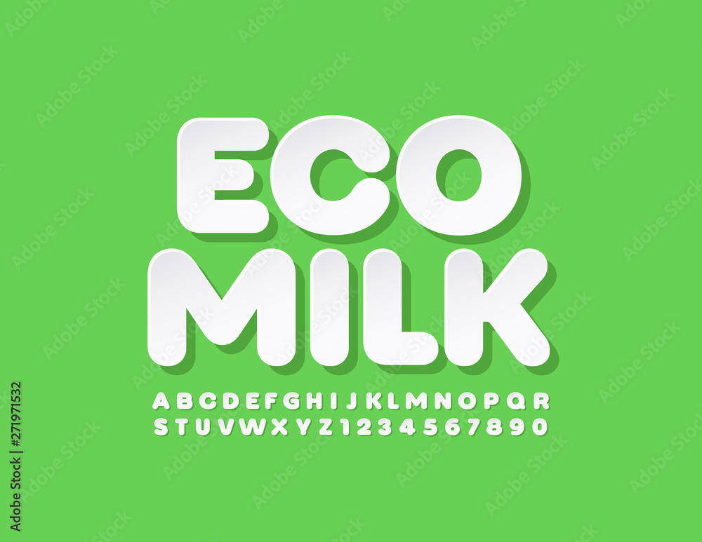 Vector modern logo Eco Milk with White Alphabet Letters, Numbers and Symbols. Trendy flat Font Vector modern logo Eco Milk with White Alphabet Letters, Numbers and Symbols. Trendy flat Font