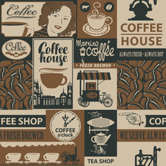 Handdoek met foto Koffie patronen Retro koffiehuis patroon met teksten  © paseven