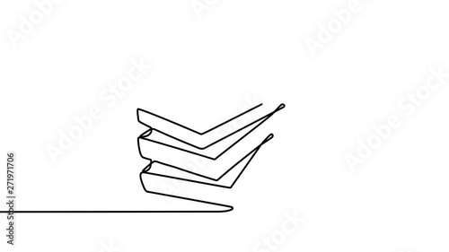 Stack of closed books in style of one line. Black contour. Graphic motion. Self drawing