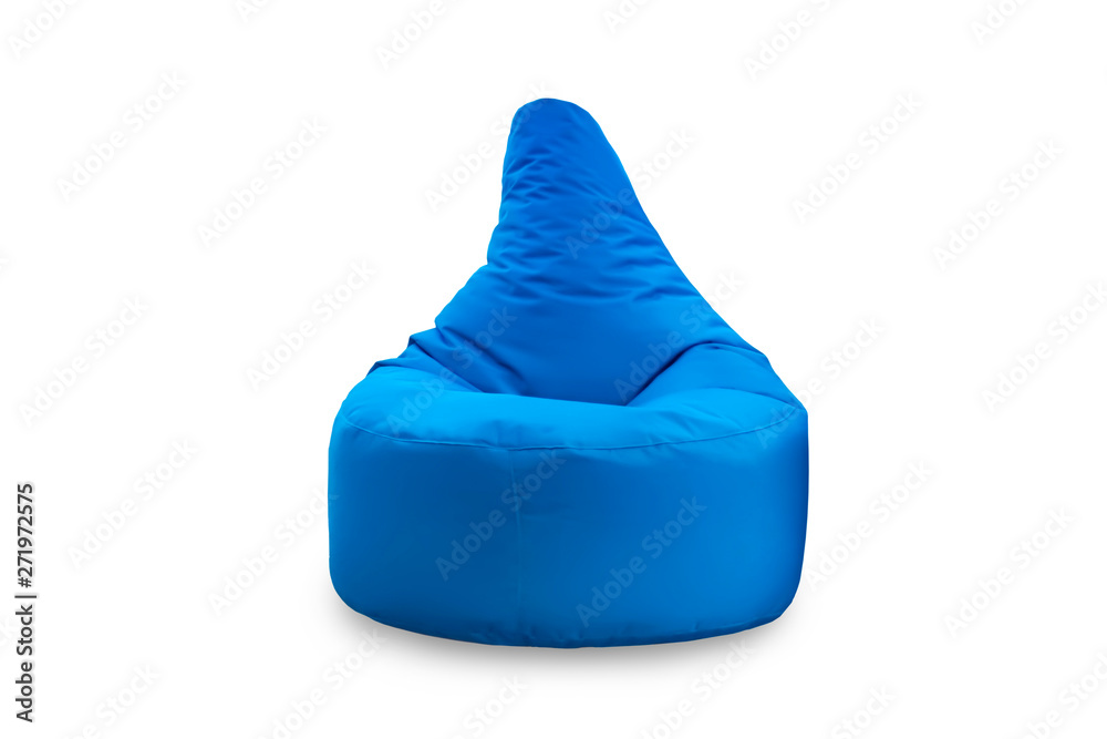 Front view of one soft blue beanbag seat isolated on white background. Objects for design