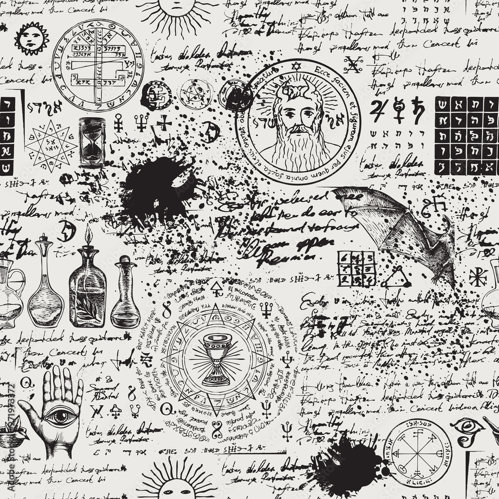 Vector seamless background on the theme of alchemy, magic, witchcraft and mysticism with various esoteric and occult symbols. Medieval manuscript with sketches, blots and spots in retro style