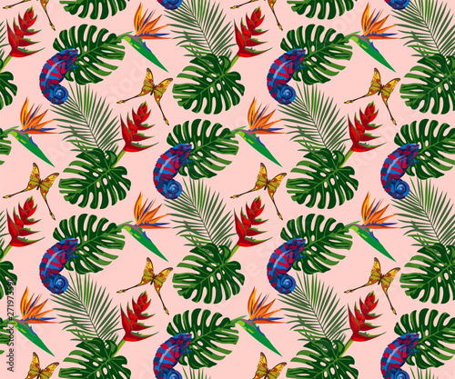 Tropical wildlife seamless pattern. Madagascar animals, flowers ornament. Vector pattern.