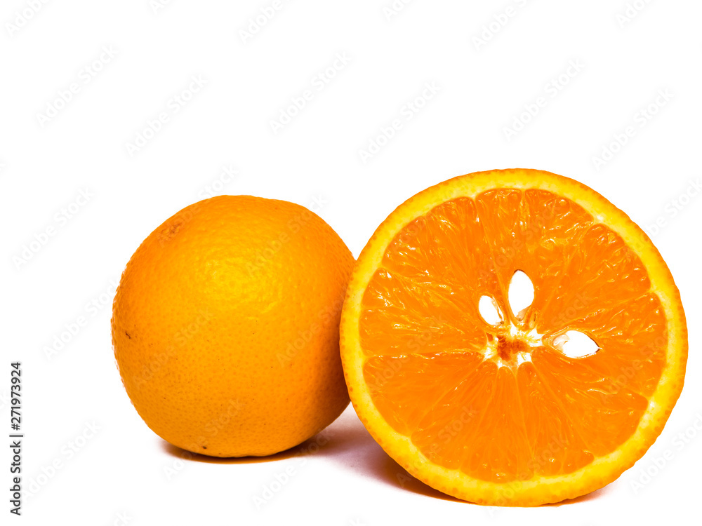 Close-up view of isolated orange halves with white seeds on white background with copy space. Close-up view of isolated orange halves with white seeds on white background with copy space.